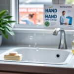 Flick International Clean kitchen sink with soap and hand sanitizer, promoting effective handwashing after public outings