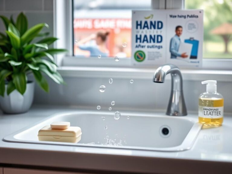 Flick International Clean kitchen sink with soap and hand sanitizer, promoting effective handwashing after public outings