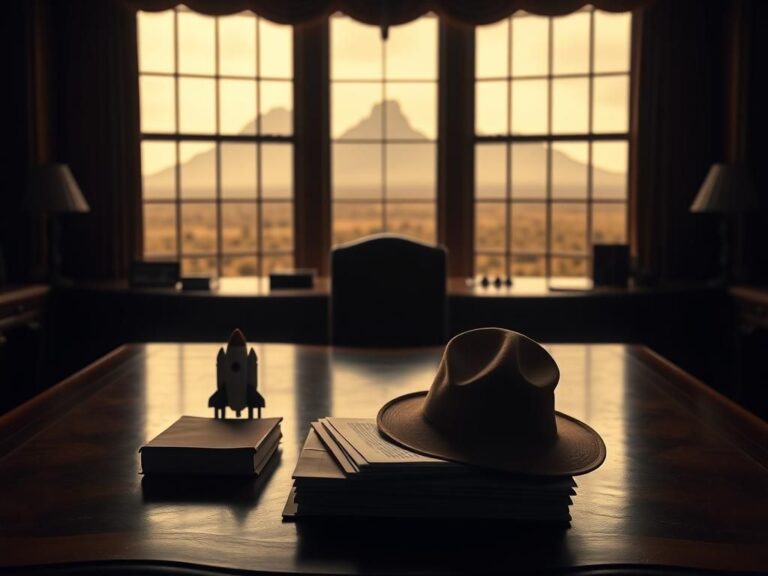 Flick International Dimly lit Oval Office featuring an ornate desk with a rocket model representing Elon Musk's technological ventures