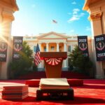 Flick International Conceptual artwork of an empty presidential podium against the White House