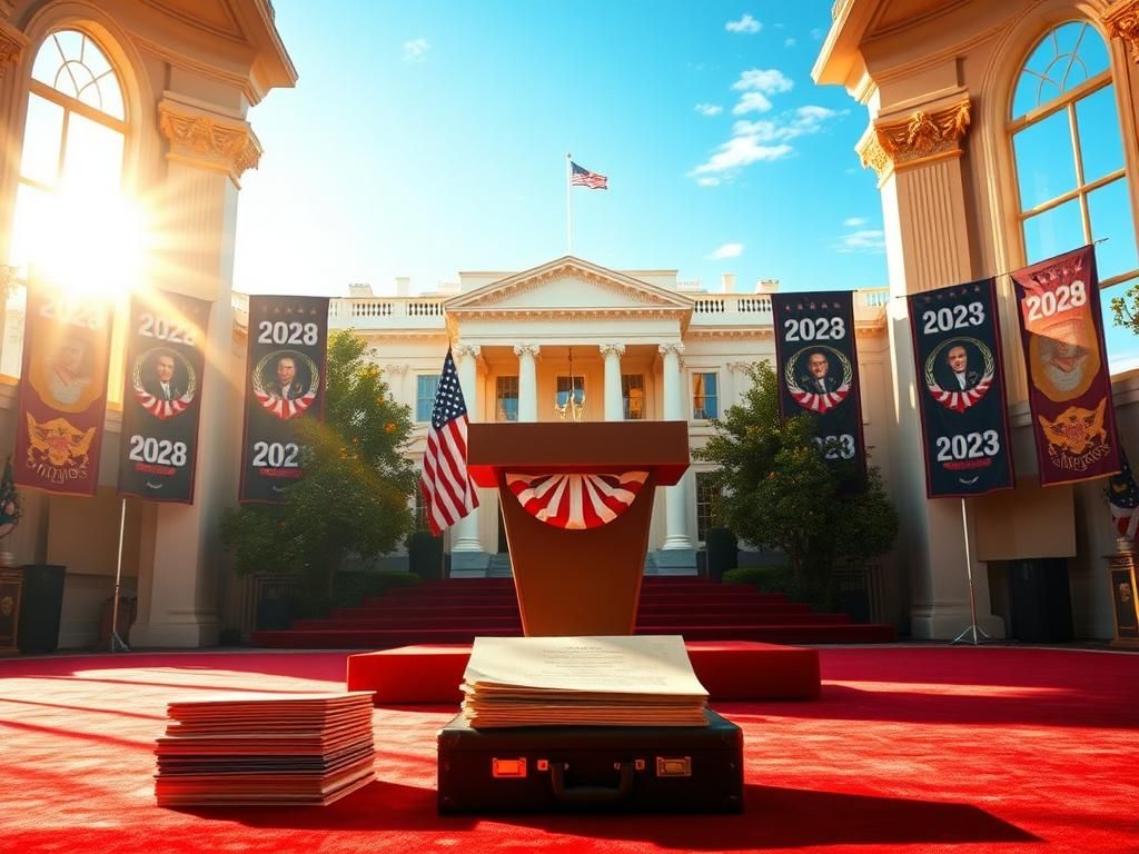 Flick International Conceptual artwork of an empty presidential podium against the White House