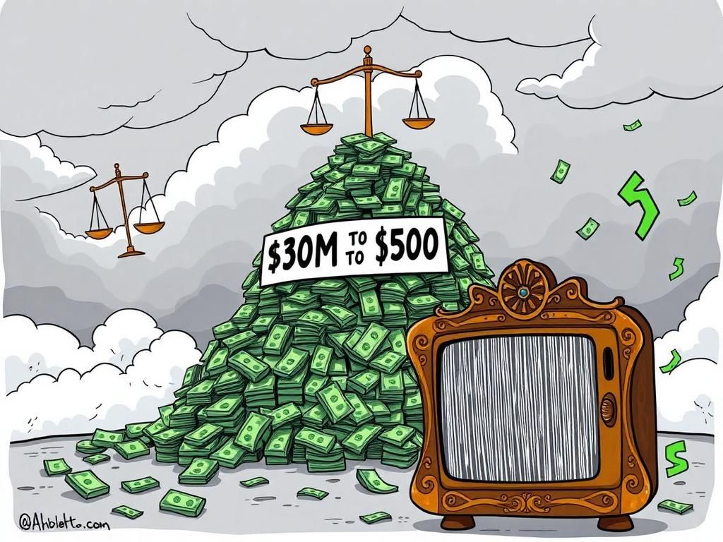 Flick International A whimsical illustration of a pile of cash labeled '$30M to $50M' signifying a Trump settlement with Paramount.