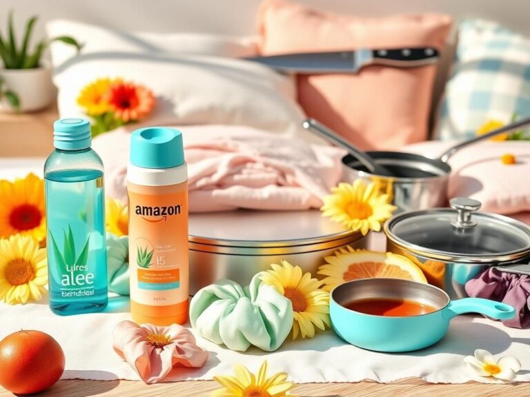 Flick International Summer-themed flat lay of Amazon products including skincare, cookware, and decor