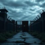 Flick International Dark exterior of a prison with high walls and barbed wire, indicating a recent escape