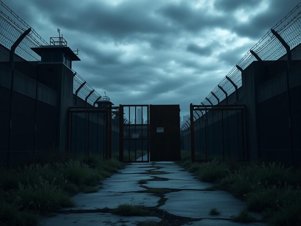 Flick International Dark exterior of a prison with high walls and barbed wire, indicating a recent escape