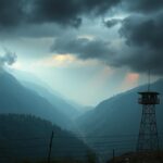 Flick International Scenic view of the Kashmir region, featuring rugged mountains and a military watchtower, symbolizing rising tensions.