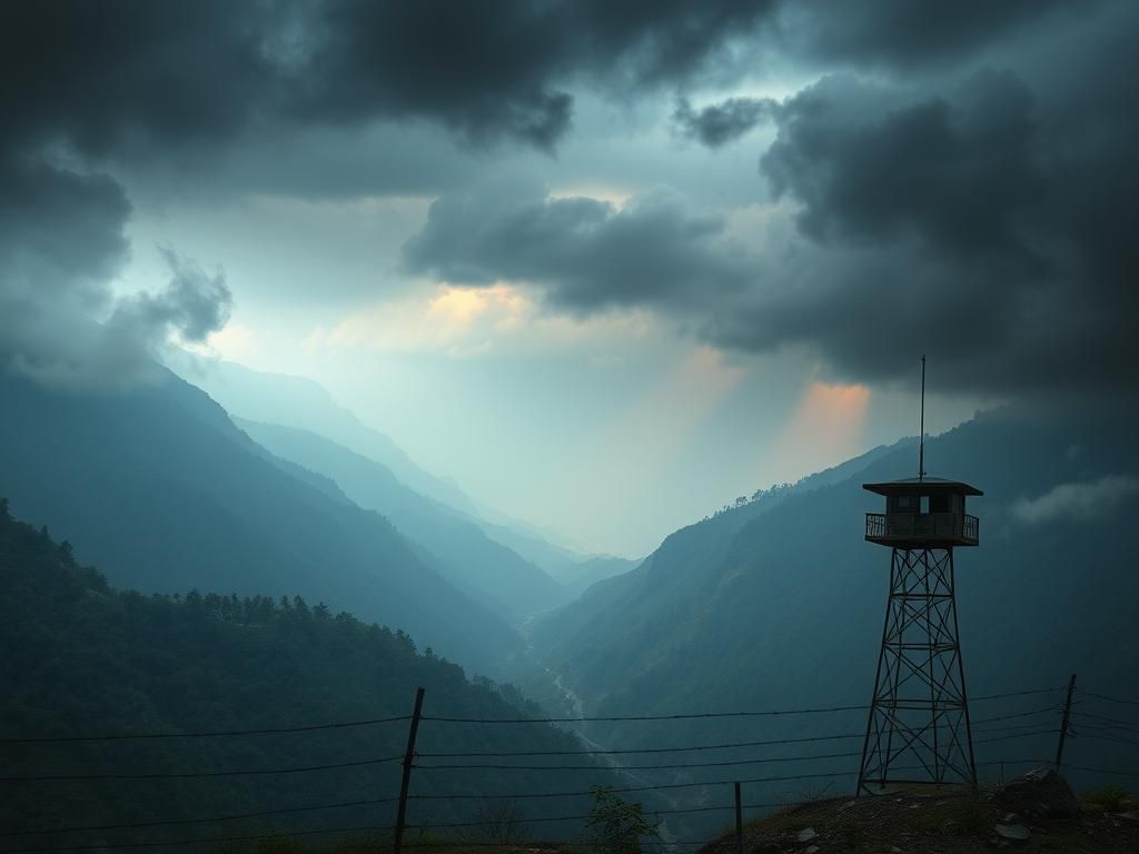 Flick International Scenic view of the Kashmir region, featuring rugged mountains and a military watchtower, symbolizing rising tensions.