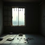 Flick International Dimly lit abandoned jail cell in New Orleans with broken window and scattered items