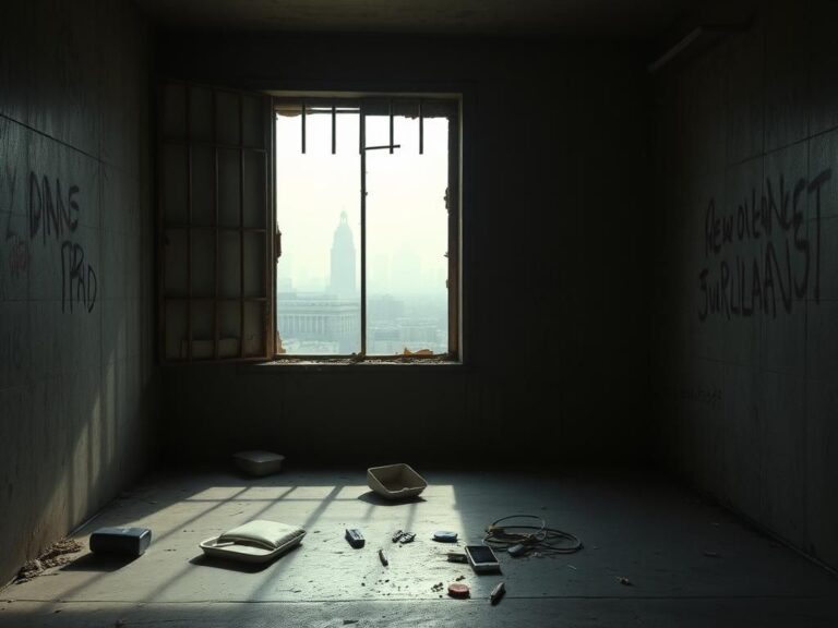Flick International Dimly lit abandoned jail cell in New Orleans with broken window and scattered items