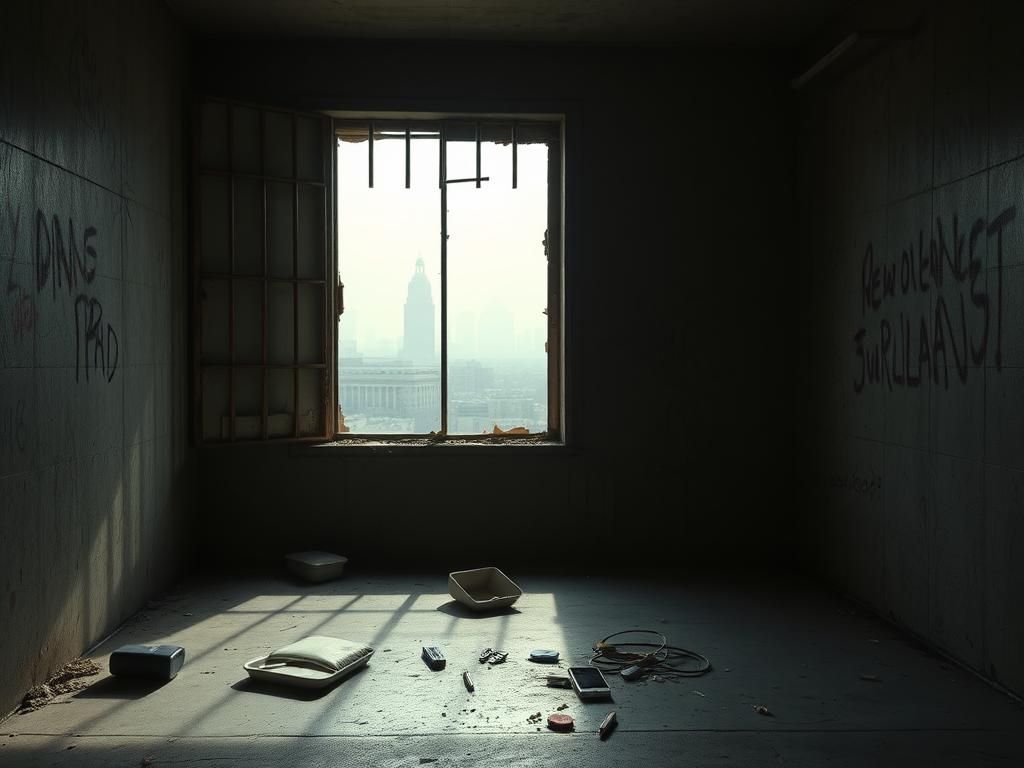 Flick International Dimly lit abandoned jail cell in New Orleans with broken window and scattered items