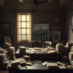 Flick International Empty office space with an ornate wooden desk and scattered legal documents