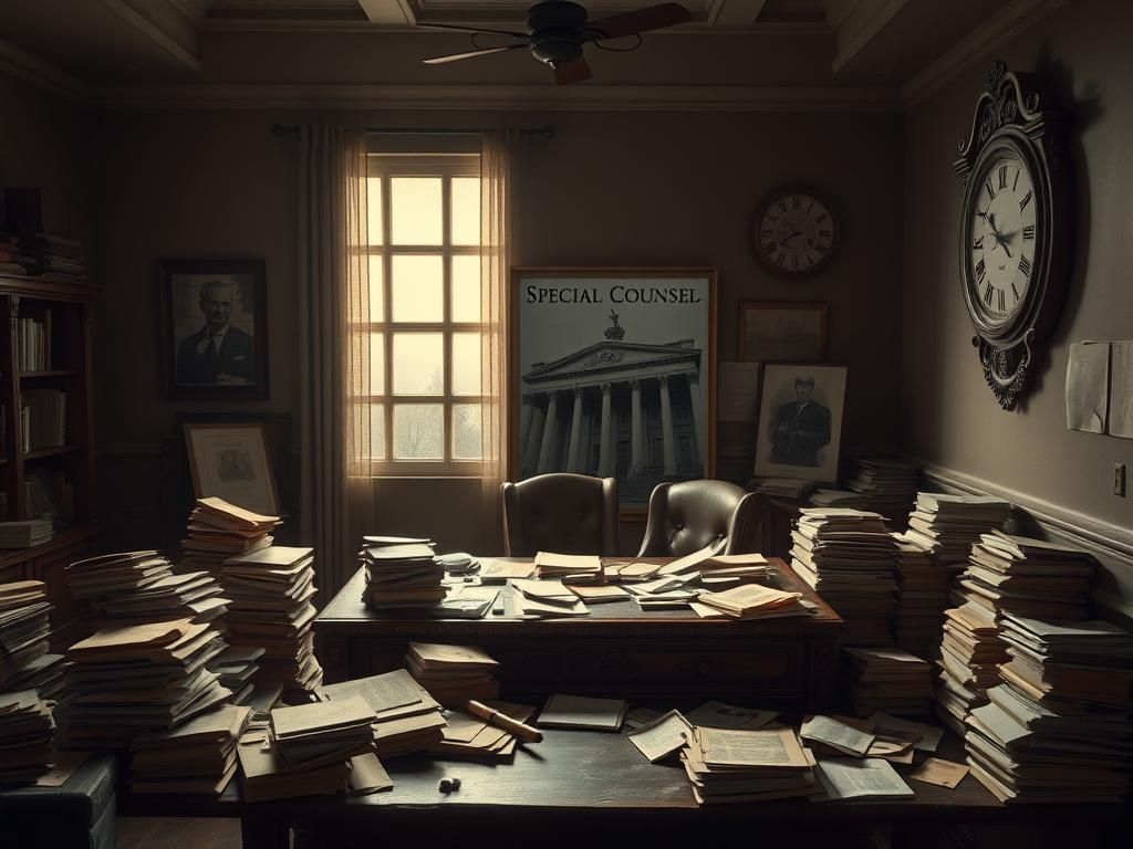 Flick International Empty office space with an ornate wooden desk and scattered legal documents