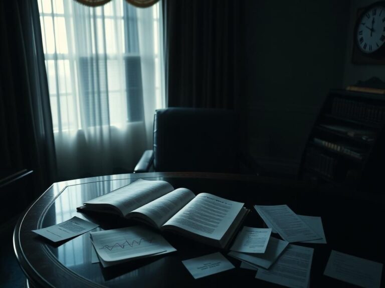 Flick International A dimly lit Oval Office with the Resolute Desk and an open book titled 'The Truth Behind the Mask'
