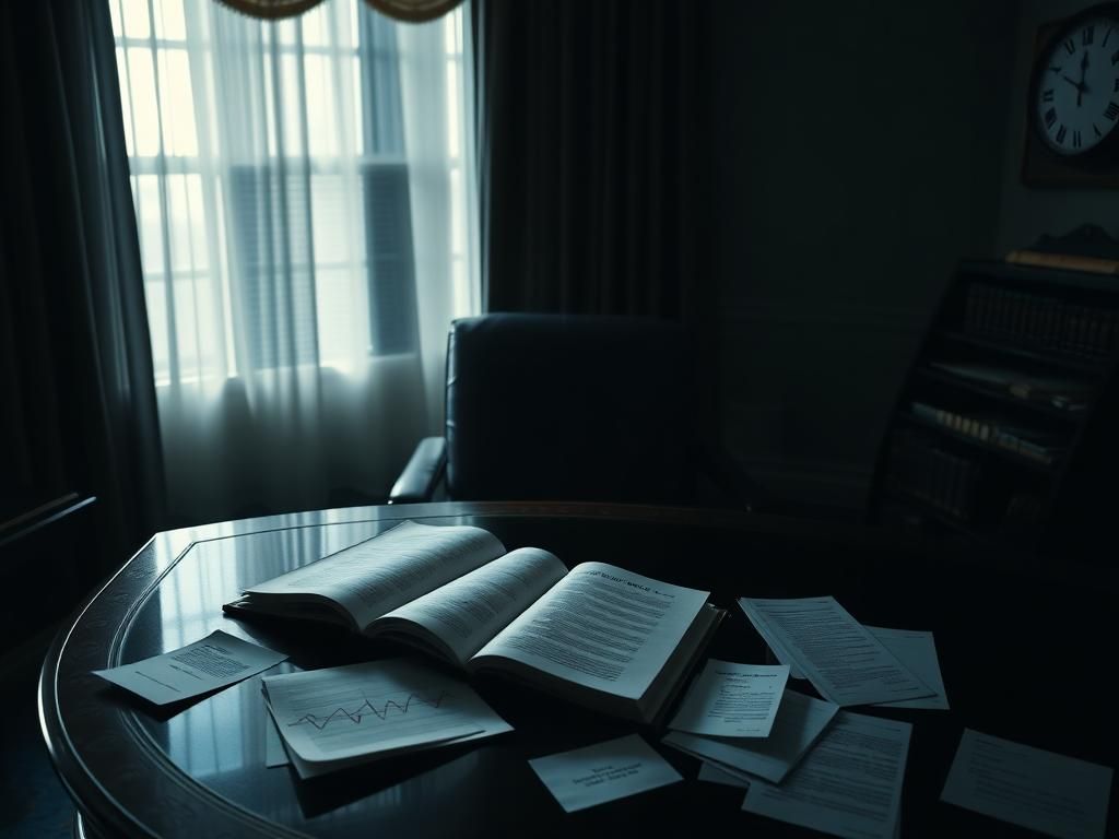 Flick International A dimly lit Oval Office with the Resolute Desk and an open book titled 'The Truth Behind the Mask'