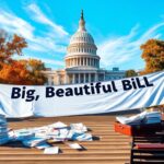 Flick International A grand view of the U.S. Capitol building surrounded by autumn foliage with a 'Big, Beautiful Bill' banner