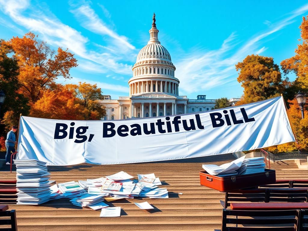 Flick International A grand view of the U.S. Capitol building surrounded by autumn foliage with a 'Big, Beautiful Bill' banner
