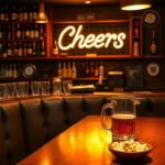 Flick International Cozy vintage bar scene reminiscent of the iconic 'Cheers' set with polished wooden bar and beer memorabilia