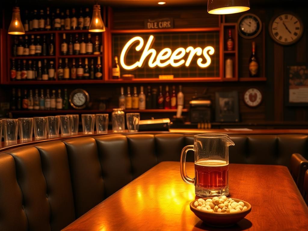 Flick International Cozy vintage bar scene reminiscent of the iconic 'Cheers' set with polished wooden bar and beer memorabilia