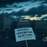 Flick International A dramatic scene of an immigration detention facility with barbed wire and an empty protest sign