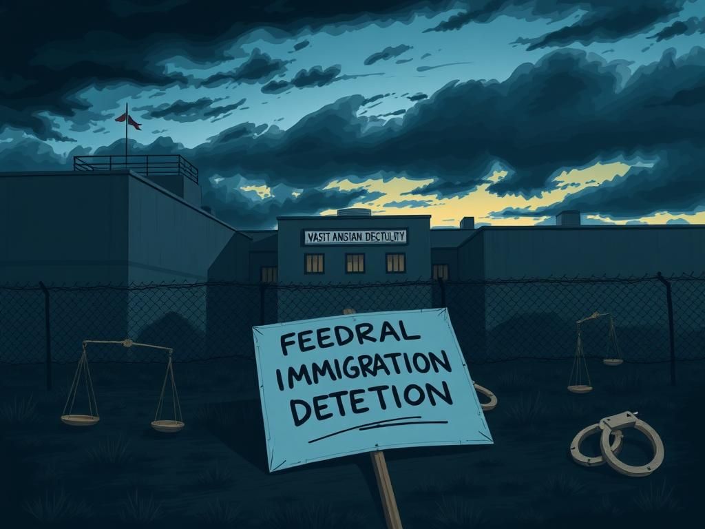Flick International A dramatic scene of an immigration detention facility with barbed wire and an empty protest sign