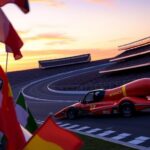 Flick International Vibrant sunset scene at the Indianapolis Motor Speedway with racing flags and a race car