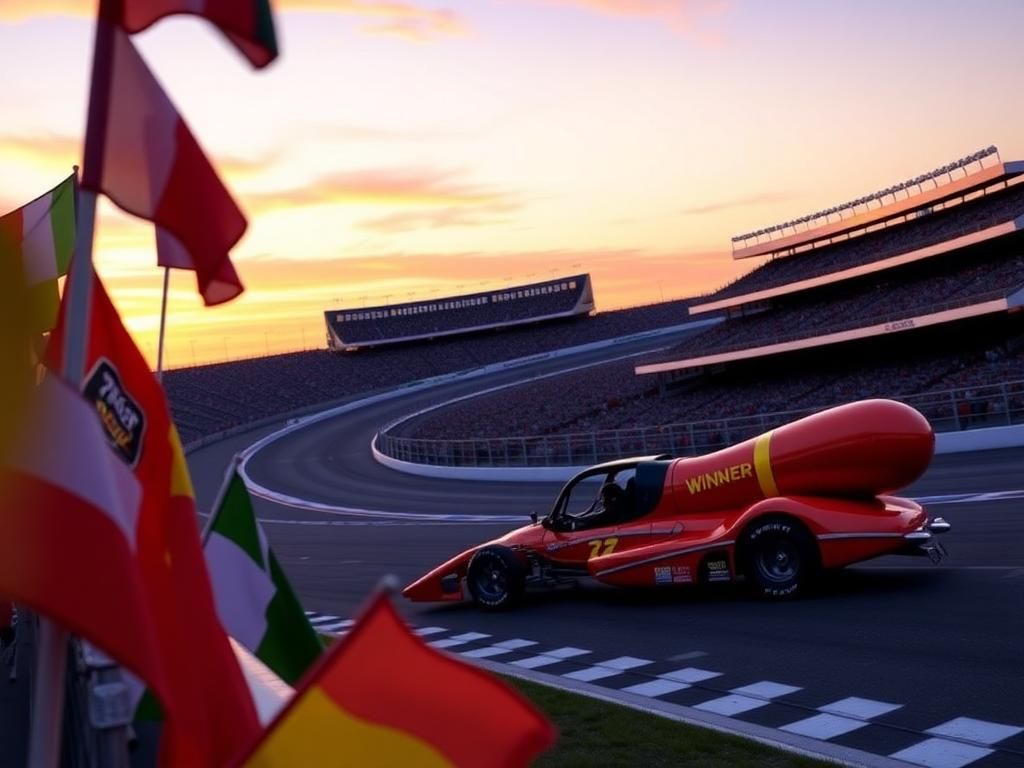 Flick International Vibrant sunset scene at the Indianapolis Motor Speedway with racing flags and a race car