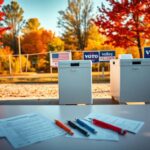 Flick International An empty polling station with ballot boxes and voter registration materials in a vibrant autumn setting