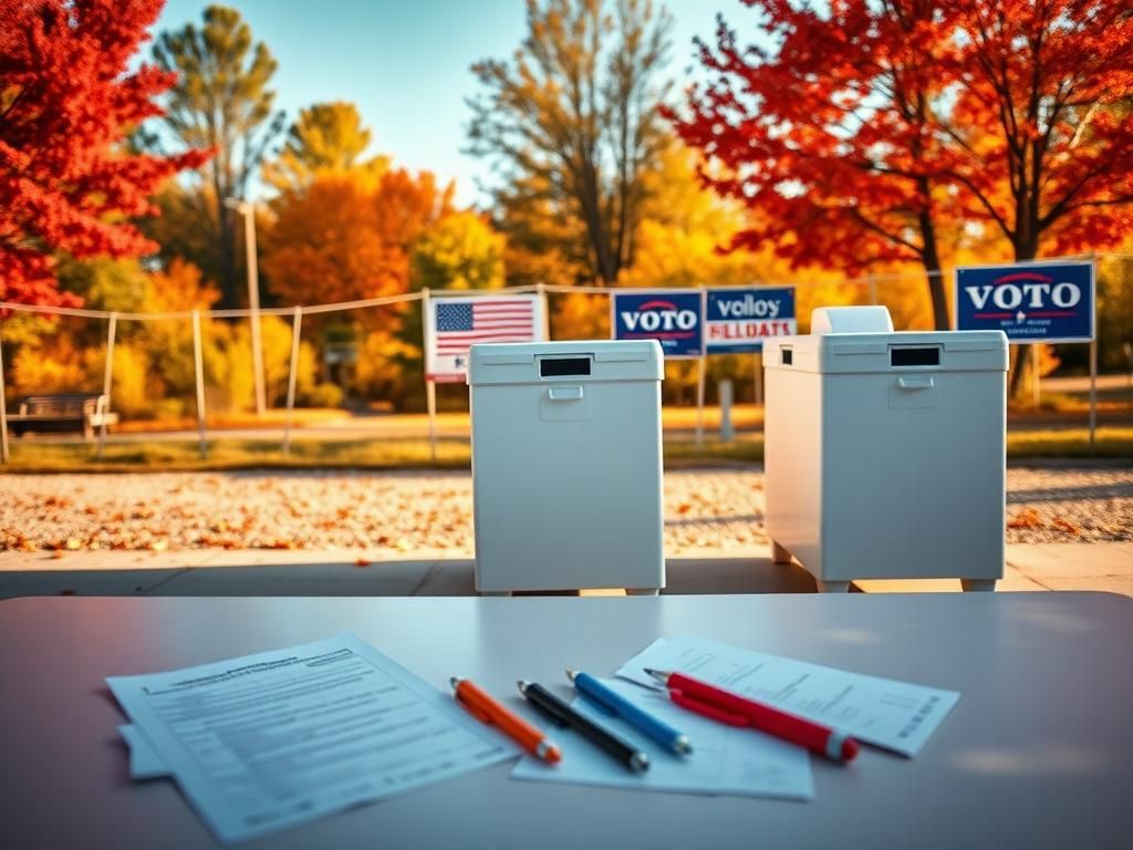 Flick International An empty polling station with ballot boxes and voter registration materials in a vibrant autumn setting