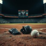Flick International Close-up of a baseball on the pitcher's mound with an umpire's mask and glove discarded nearby