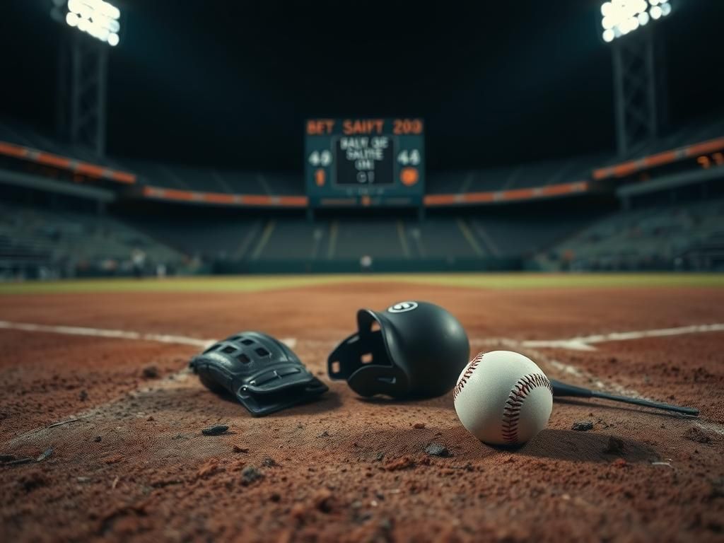 Flick International Close-up of a baseball on the pitcher's mound with an umpire's mask and glove discarded nearby