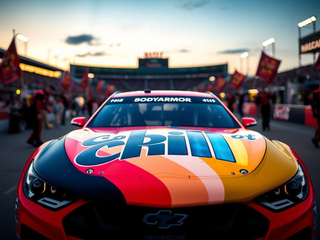 Flick International Close-up view of Ryan Blaney's NASCAR No. 12 car showcasing the vibrant Bodyarmor Chill design