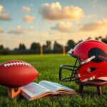Flick International A football on a tee with a Browns helmet and playbook on a practice field