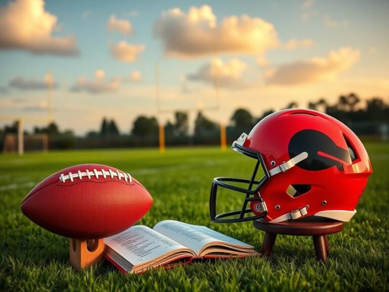 Flick International A football on a tee with a Browns helmet and playbook on a practice field