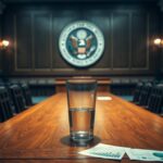 Flick International Interior of a Senate hearing room with an empty wooden table and ornate chairs