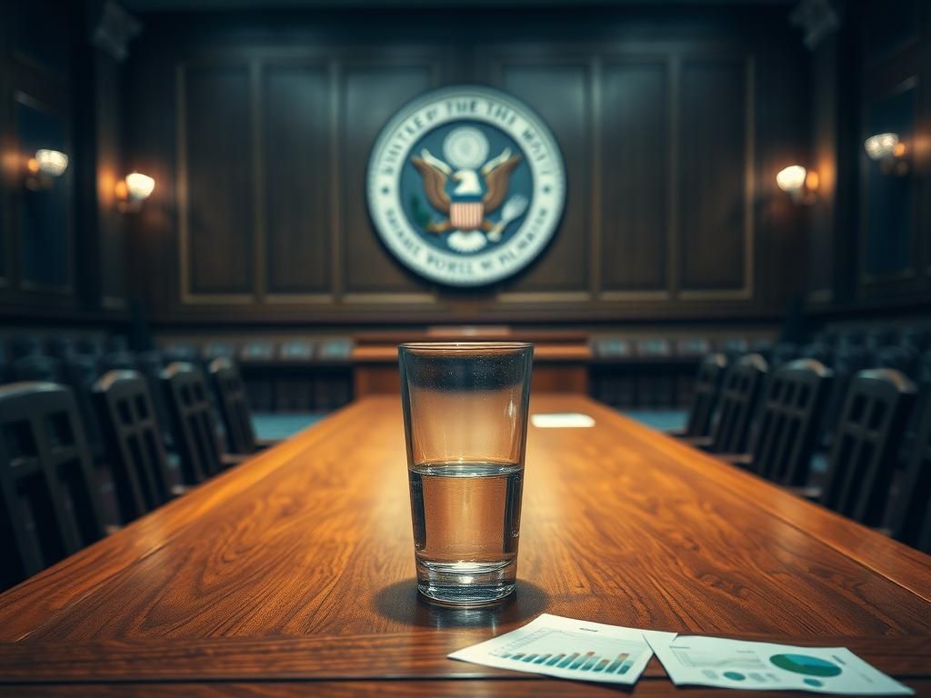 Flick International Interior of a Senate hearing room with an empty wooden table and ornate chairs