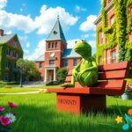 Flick International Kermit the Frog statue on a vibrant university campus