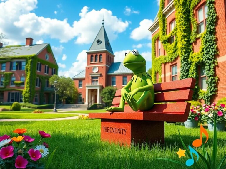 Flick International Kermit the Frog statue on a vibrant university campus
