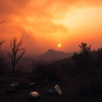 Flick International Dramatic landscape of charred terrain from California wildfires in Pacific Palisades