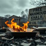 Flick International Close-up of burning diplomas in food trays on Columbia University campus