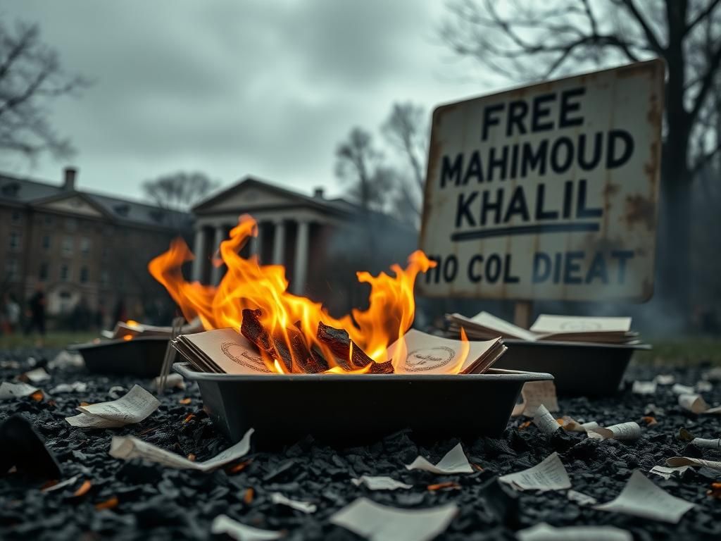 Flick International Close-up of burning diplomas in food trays on Columbia University campus