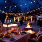 Flick International Vibrant winter party scene at night in Nantucket with decorated outdoor space