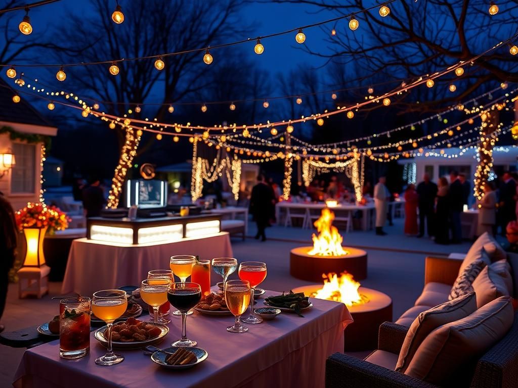 Flick International Vibrant winter party scene at night in Nantucket with decorated outdoor space