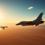 Flick International F-16D fighter jet mid-flight over Arizona desert with drone collision representation