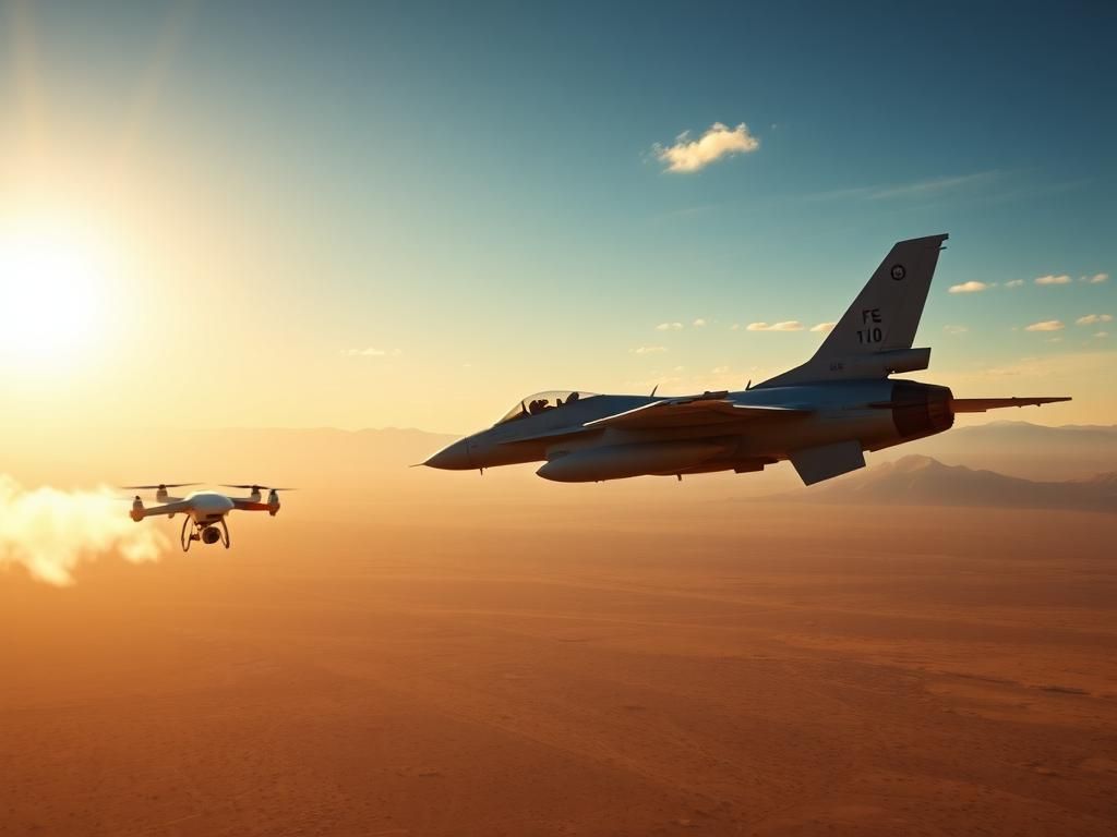 Flick International F-16D fighter jet mid-flight over Arizona desert with drone collision representation