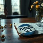 Flick International A vintage Biden 2024 campaign button on a polished wooden table with old newspaper and wilted flowers
