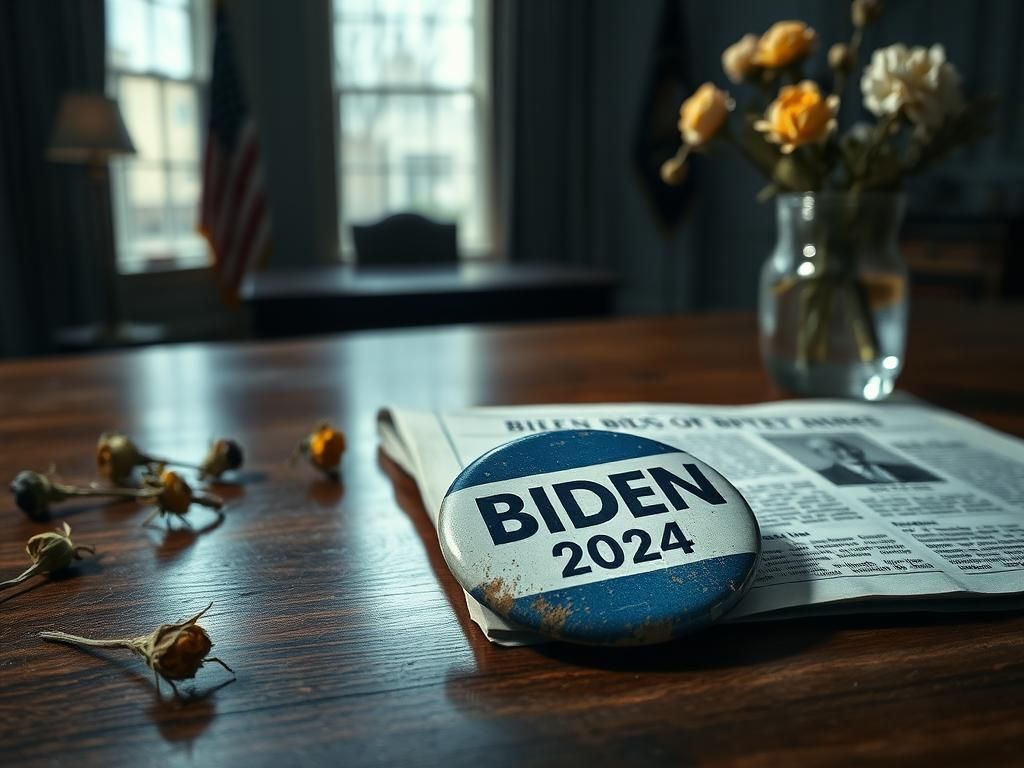 Flick International A vintage Biden 2024 campaign button on a polished wooden table with old newspaper and wilted flowers