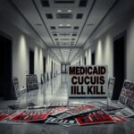 Flick International Dimly lit hallway obstructed by vibrant protest signs related to budget cuts
