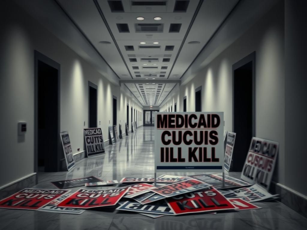 Flick International Dimly lit hallway obstructed by vibrant protest signs related to budget cuts