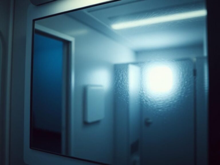 Flick International Close-up of a bathroom mirror in an aircraft lavatory with an unsettling message obscured by condensation