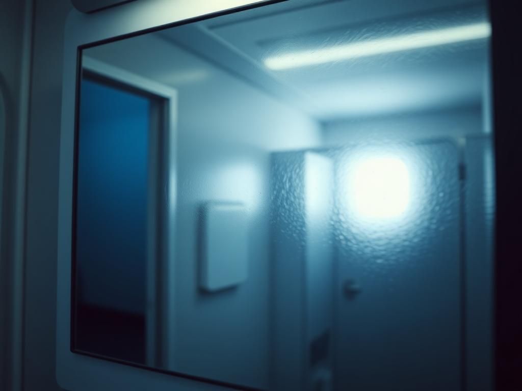 Flick International Close-up of a bathroom mirror in an aircraft lavatory with an unsettling message obscured by condensation